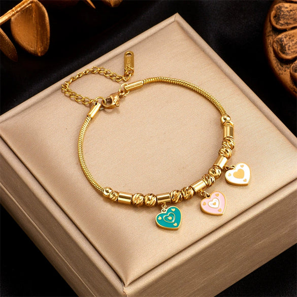 Women's Titanium Steel Love Pendant Beaded Bracelet With Threecolor Pattern And Electroplating Treatment