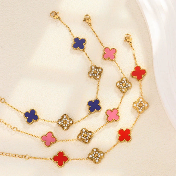 Women's Titanium Steel Lucky Four Leaf Clover Inlay Bracelet Necklace Jewelry