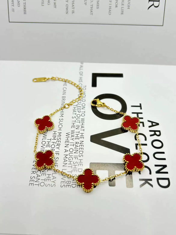 Women's Titanium Steel Lucky Four Leaf Clover Inlay Bracelet Necklace Jewelry