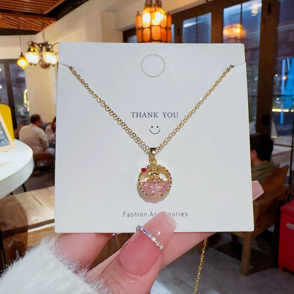 Women's Titanium Steel Moon And Rabbit Pendant Necklace With Mixed Gem Inlay And Electroplating Cartoon Animal Style