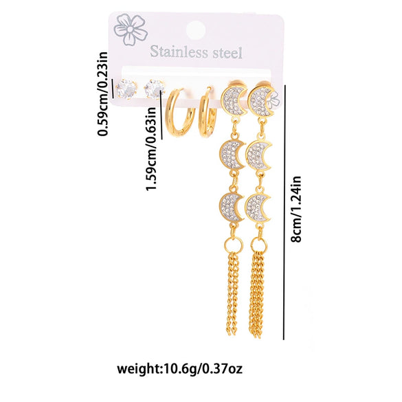 Women's Titanium Steel Moon Long Tassel Earrings With Zircon Electroplated In Light Luxury And Geometric Style
