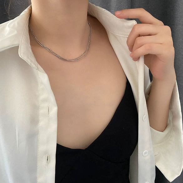 Women's Titanium Steel Multilayer Clavicle Chain With Geometric Design And Polishing Treatment
