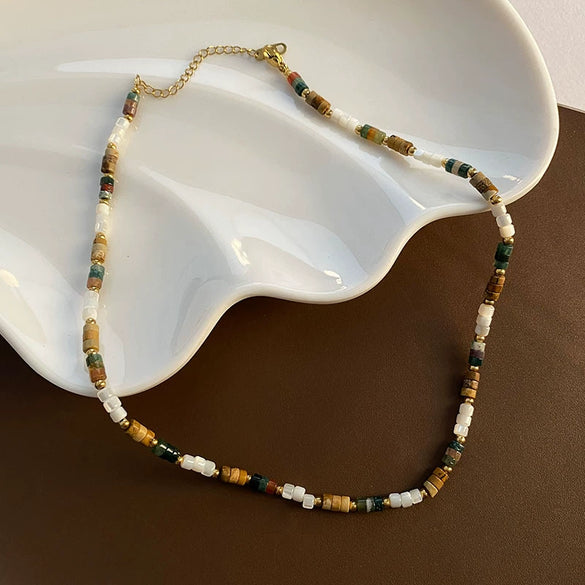 Women's Titanium Steel Natural Stone Beaded Handmade Geometric Retro Light Luxury Style Necklace