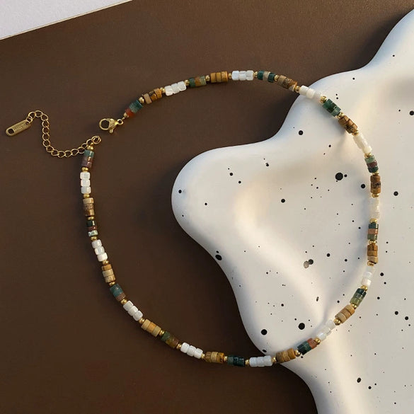 Women's Titanium Steel Natural Stone Beaded Handmade Geometric Retro Light Luxury Style Necklace