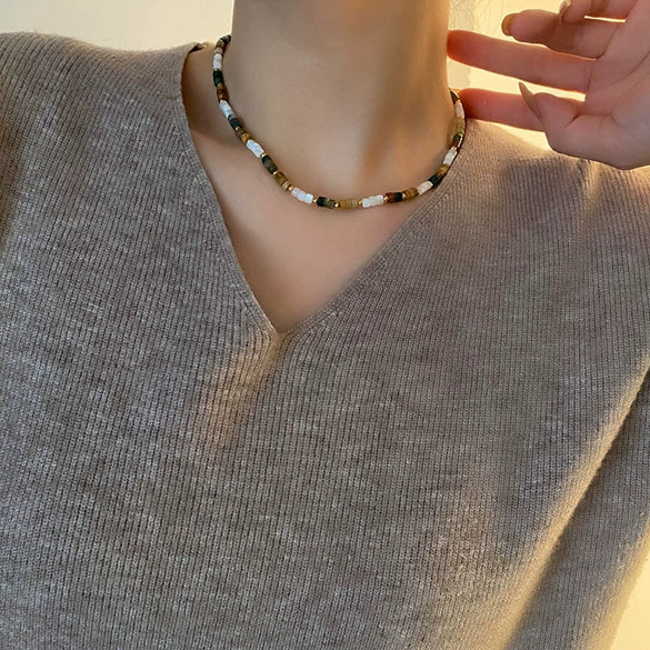 Women's Titanium Steel Natural Stone Beaded Handmade Geometric Retro Light Luxury Style Necklace