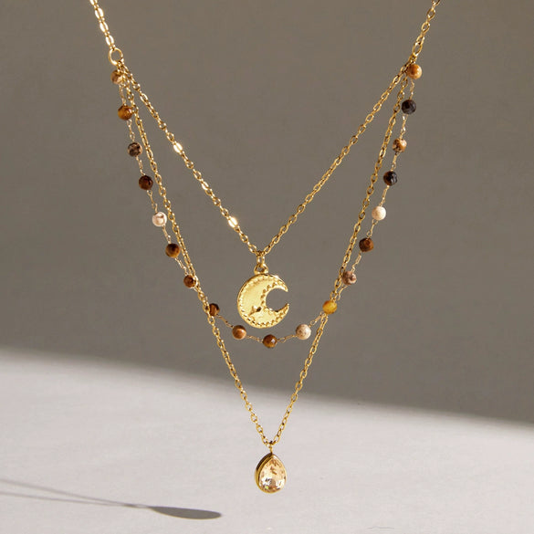 Women's Titanium Steel Natural Stone Beaded Multilayer Necklace With Geometric Design And Pvd Goldplated Stainless Steel Details