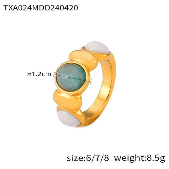 Women's Titanium Steel Natural Stone Open Bracelet Earrings Ring Set With Gold Plated And Geometric Design