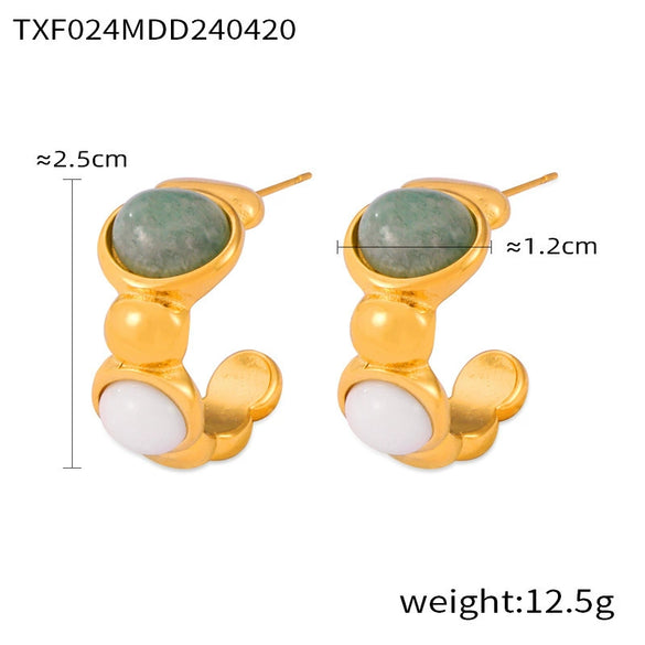 Women's Titanium Steel Natural Stone Open Bracelet Earrings Ring Set With Gold Plated And Geometric Design