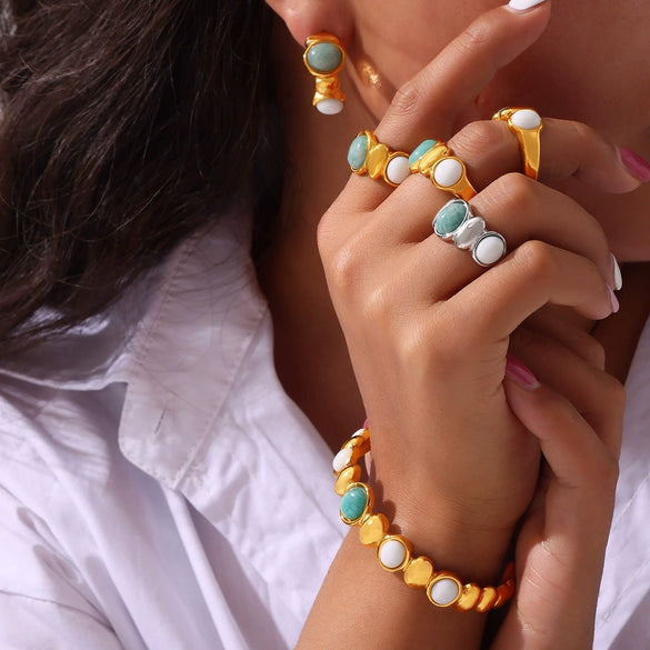 Women's Titanium Steel Natural Stone Open Bracelet Earrings Ring Set With Gold Plated And Geometric Design