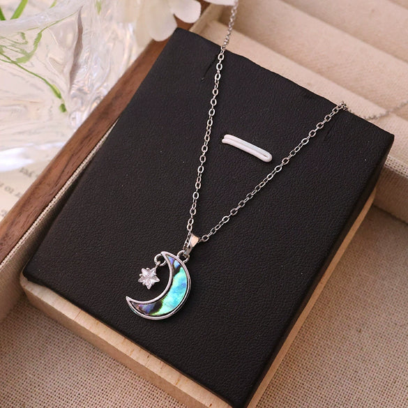 Women's Titanium Steel Necklace With Abalone Shellfish Noodles Star Moon Pendant Light Luxury Style Electroplated Copper Pendant Cross Chain