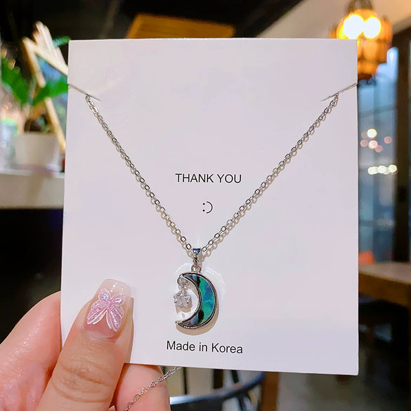 Women's Titanium Steel Necklace With Abalone Shellfish Noodles Star Moon Pendant Light Luxury Style Electroplated Copper Pendant Cross Chain