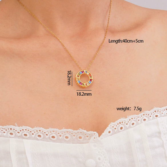 Women's Titanium Steel Necklace With Colorful Zircon Donut Pendant Copper Electroplating Geometric Pattern Light Luxury Style