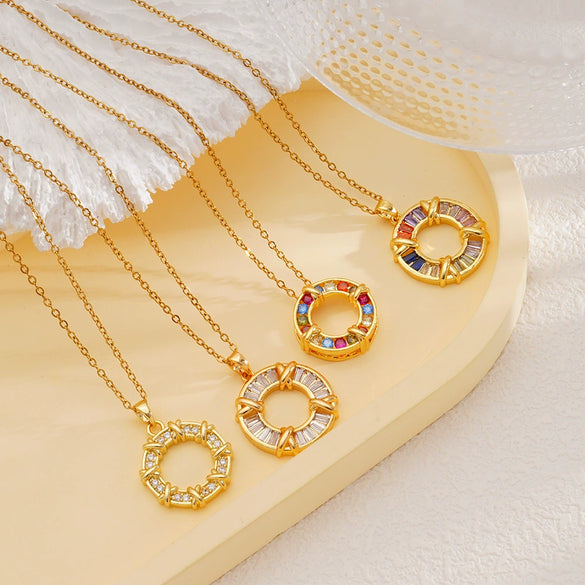Women's Titanium Steel Necklace With Colorful Zircon Donut Pendant Copper Electroplating Geometric Pattern Light Luxury Style