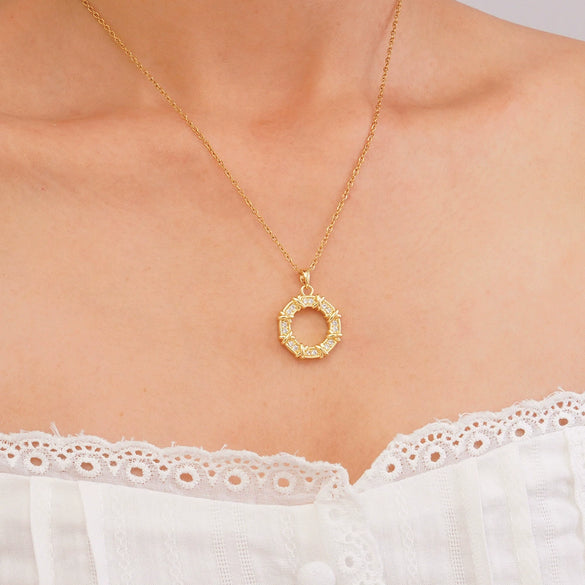 Women's Titanium Steel Necklace With Colorful Zircon Donut Pendant Copper Electroplating Geometric Pattern Light Luxury Style