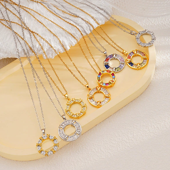 Women's Titanium Steel Necklace With Colorful Zircon Donut Pendant Copper Electroplating Geometric Pattern Light Luxury Style