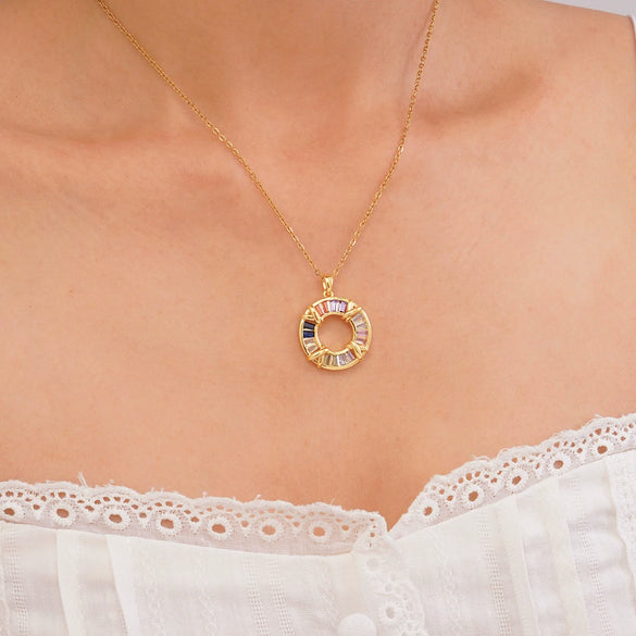 Women's Titanium Steel Necklace With Colorful Zircon Donut Pendant Copper Electroplating Geometric Pattern Light Luxury Style