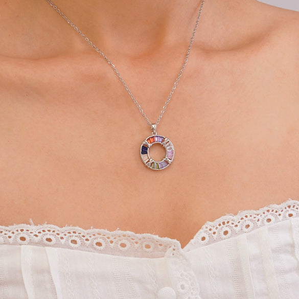 Women's Titanium Steel Necklace With Colorful Zircon Donut Pendant Copper Electroplating Geometric Pattern Light Luxury Style