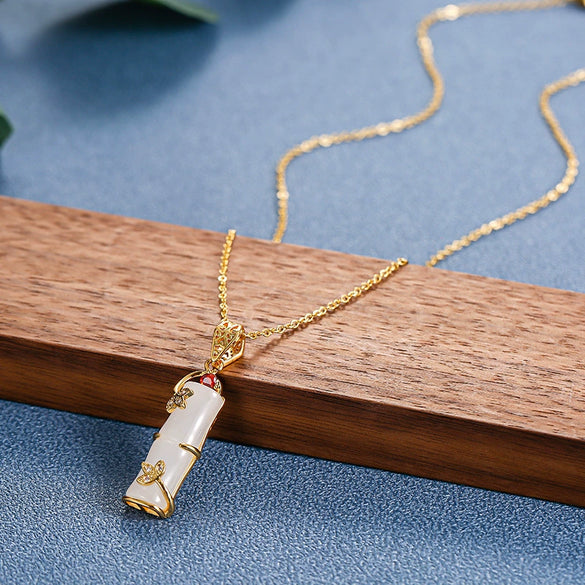 Women's Titanium Steel Necklace With Copper Bamboo Pendant Imitation Jade Geometric Minimalist 18K Gold Plated