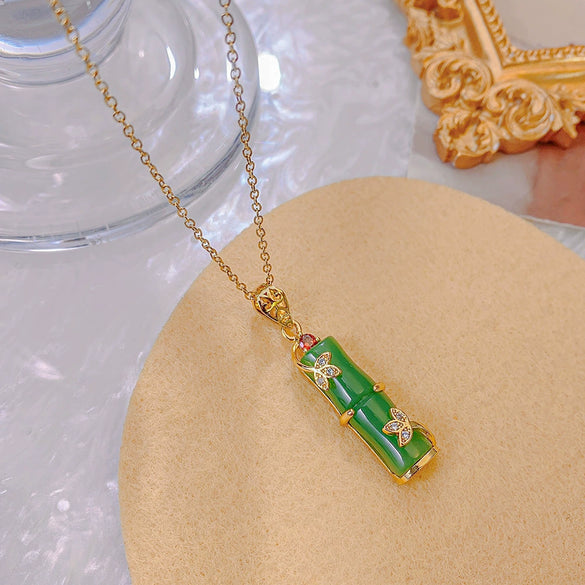 Women's Titanium Steel Necklace With Copper Bamboo Pendant Imitation Jade Geometric Minimalist 18K Gold Plated