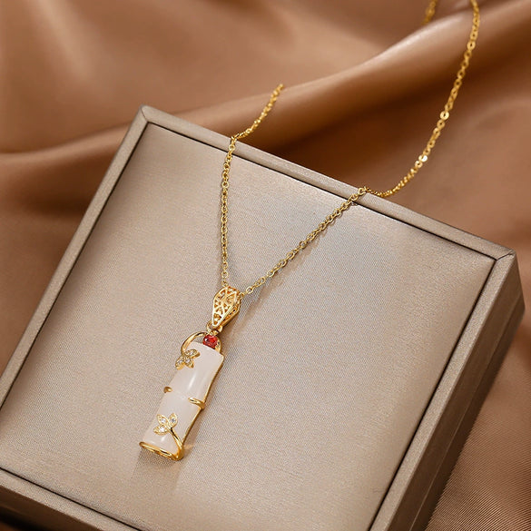 Women's Titanium Steel Necklace With Copper Bamboo Pendant Imitation Jade Geometric Minimalist 18K Gold Plated