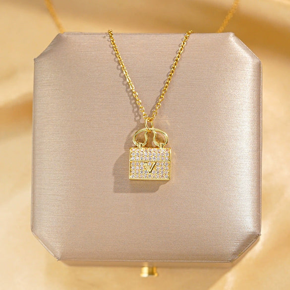Women's Titanium Steel Necklace With Copper Vshaped Bag Pendant Real Gold Electroplated Inlaid With Diamond Featuring Letters Numbers Text Pattern