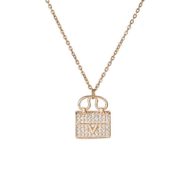 Women's Titanium Steel Necklace With Copper Vshaped Bag Pendant Real Gold Electroplated Inlaid With Diamond Featuring Letters Numbers Text Pattern