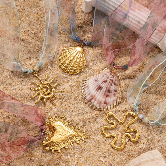 Women's Titanium Steel Necklace With 18K Gold Shell Heart Pendant And Colorful Silk Scarf Niche Design Ins Style