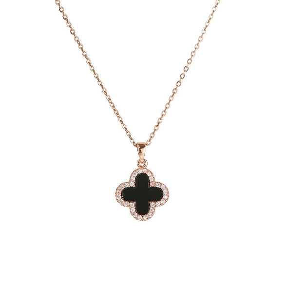 Women's Titanium Steel Necklace With 18K Rose Gold Diamondencrusted Fourleaf Clover Pendant And Black Shell Clavicle Chain Leaves Pattern Light Luxury Style