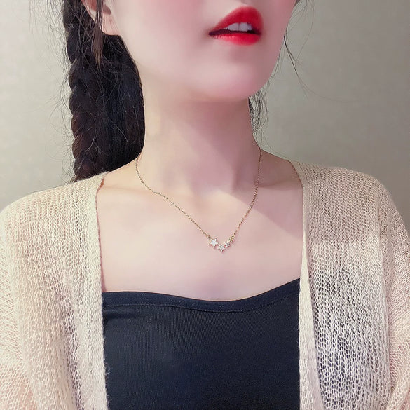 Women's Titanium Steel Necklace With Mixed Gemstone Setting Geometric Pendant And Cross Chain Light Luxury Minimalist Design
