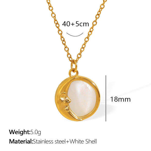 Women's 316L Stainless Steel Necklace With Natural White Fritillaria Star Moon Round Pendant And Electroplating Design