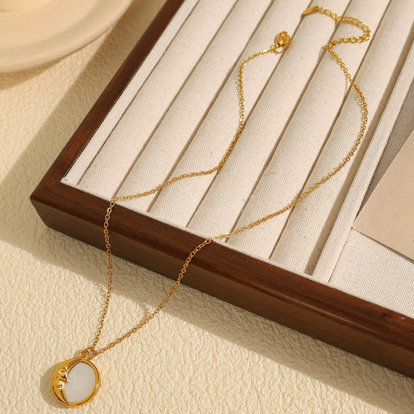 Women's 316L Stainless Steel Necklace With Natural White Fritillaria Star Moon Round Pendant And Electroplating Design
