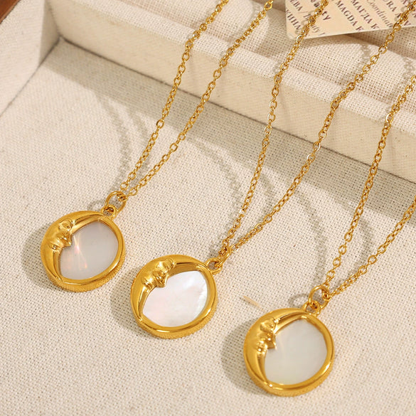 Women's 316L Stainless Steel Necklace With Natural White Fritillaria Star Moon Round Pendant And Electroplating Design