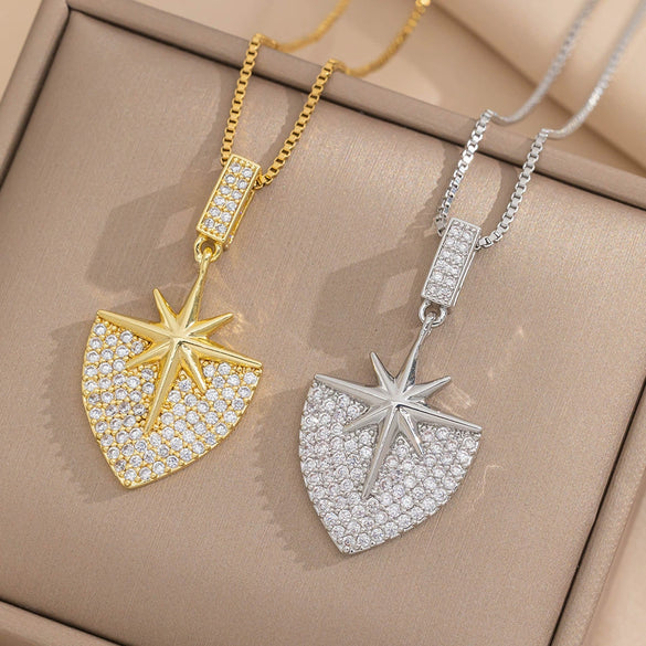 Women's Titanium Steel Necklace With Shield Love Design And Diamond Treatment Box Chain Style