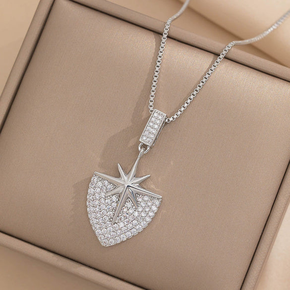 Women's Titanium Steel Necklace With Shield Love Design And Diamond Treatment Box Chain Style