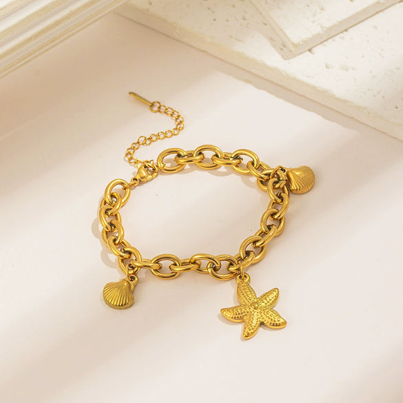 Women's Titanium Steel Ocean Life Starfish Shell Jewelry Set With 18K Gold Plated Electroplating And O Chain
