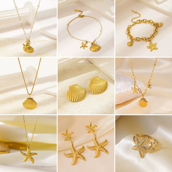 Women's Titanium Steel Ocean Life Starfish Shell Jewelry Set With 18K Gold Plated Electroplating And O Chain