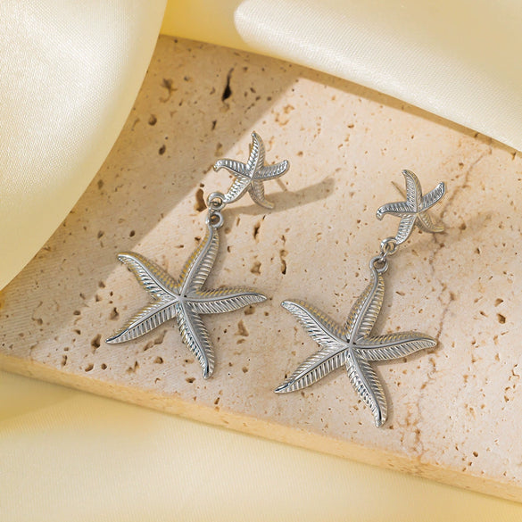 Women's Titanium Steel Ocean Life Starfish Shell Jewelry Set With 18K Gold Plated Electroplating And O Chain