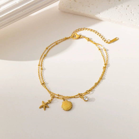 Women's Titanium Steel Ocean Life Starfish Shell Jewelry Set With 18K Gold Plated Electroplating And O Chain