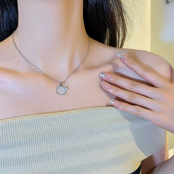 Women's Titanium Steel Ochain Necklace With Cat's Eye Pendant And Mixed Gem Inlay And Diamond Design Animal Style