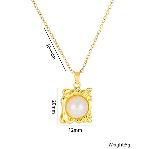 Women's Titanium Steel Ochain Necklace With Irregular Square Art Frame Mermaid Pearl Pendant Geometric Style Electroplated
