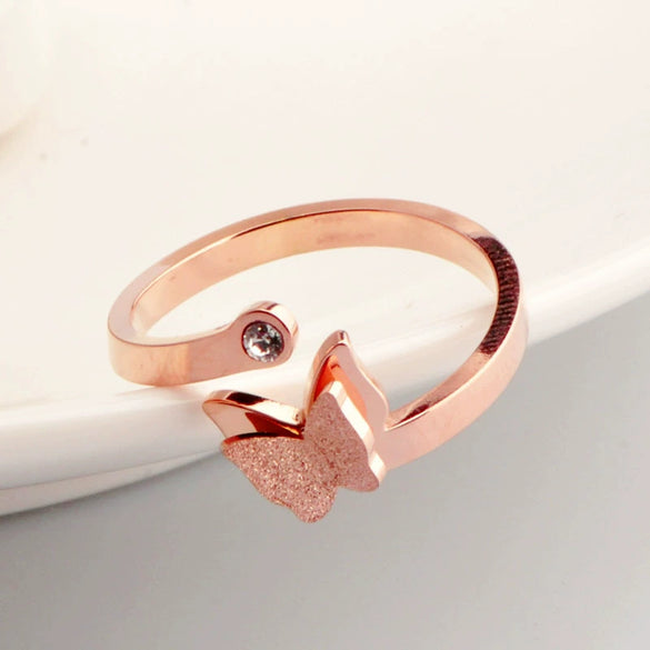 Women's Titanium Steel Open Frosted Butterfly Ring With Rose Gold Electroplated And Geometric Design