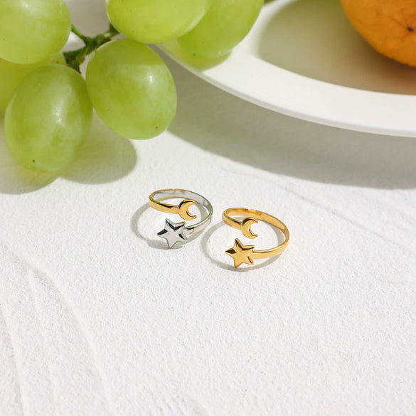 Women's Titanium Steel Open Ring With Geometric Star Moon Design And 18K Gold Electroplating