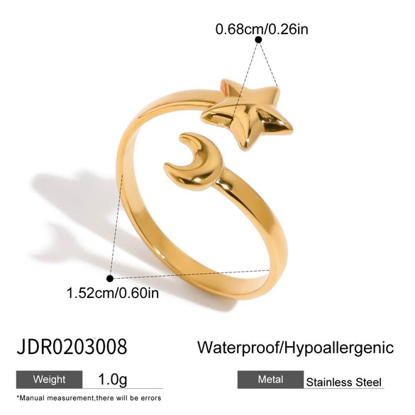 Women's Titanium Steel Open Ring With Geometric Star Moon Design And 18K Gold Electroplating