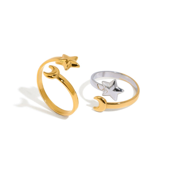 Women's Titanium Steel Open Ring With Geometric Star Moon Design And 18K Gold Electroplating