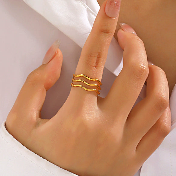 Women's Titanium Steel Open Ring With Wave Design And Geometric Style Electroplated