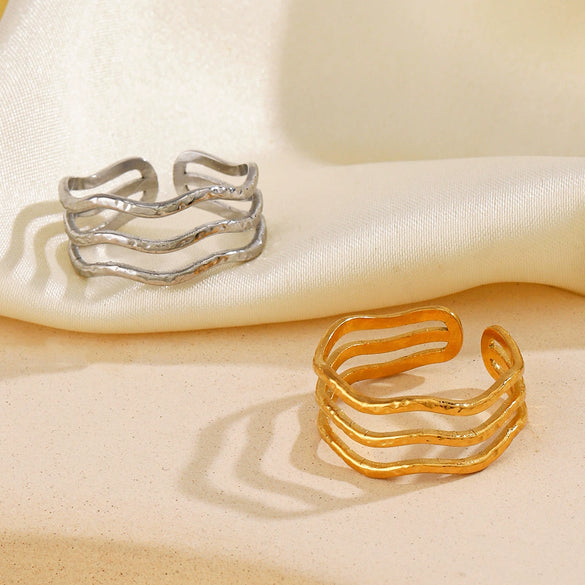Women's Titanium Steel Open Ring With Wave Design And Geometric Style Electroplated