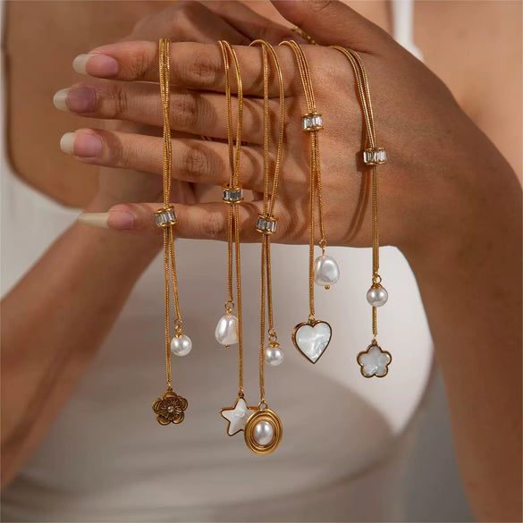Women's Titanium Steel Pearl Necklace With Tassel And Love Pendant Electroplated
