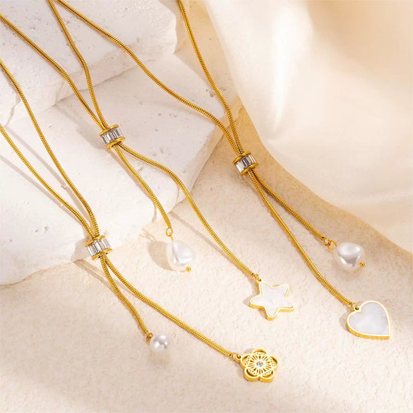 Women's Titanium Steel Pearl Necklace With Tassel And Love Pendant Electroplated