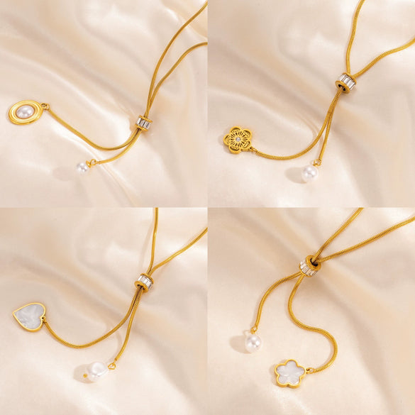 Women's Titanium Steel Pearl Necklace With Tassel And Love Pendant Electroplated