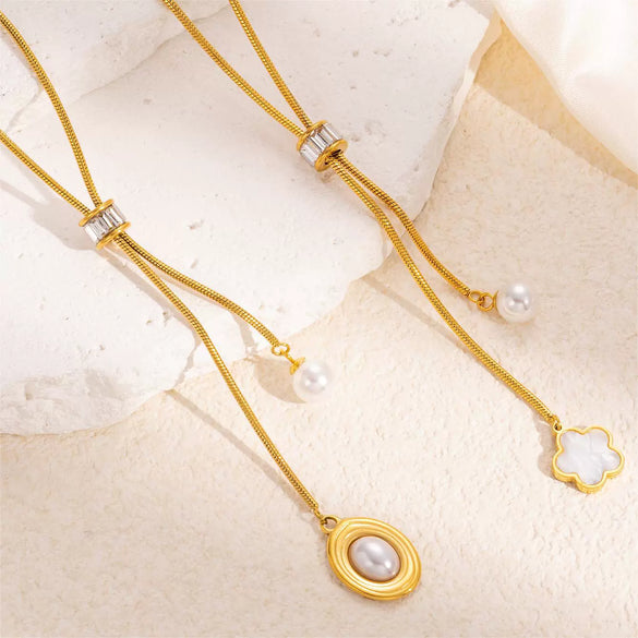 Women's Titanium Steel Pearl Necklace With Tassel And Love Pendant Electroplated